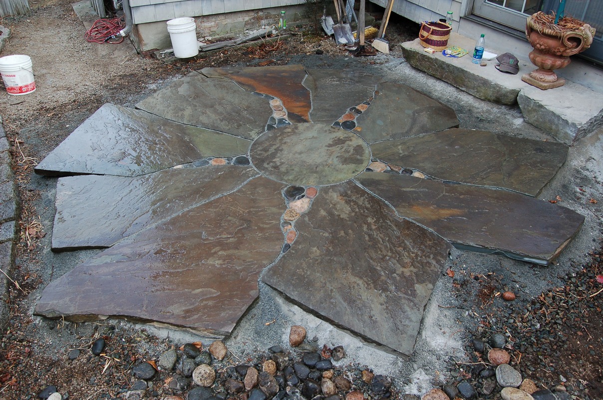 Irregular bluestone patio design - under construction